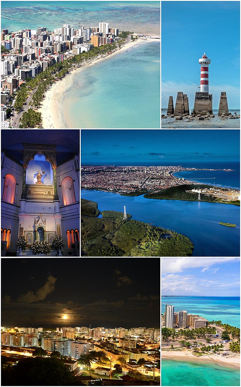 20 Destinos para o Nordeste saindo de Curitiba: Previsões de Valores e Principais Pontos Turísticos 5 Do topo, em sentido horário: vista panorâmica da cidade; Farol da Ponta Verde; Maceió ao pôr do sol; orla de Maceió; vista da cidade à noite e altar da Catedral Metropolitana de Maceió.