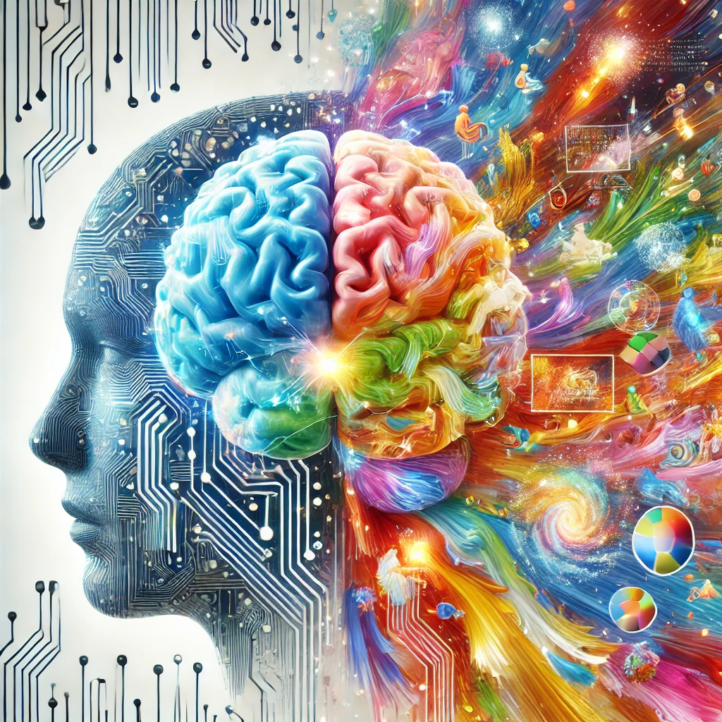 Ferramentas de Geração de Imagem por IA: Um Guia Abrangente para Iniciantes e Profissionais 4 DALL·E 2025 02 26 19.47.03 A glowing human brain half composed of electronic circuitry generating colorful paint strokes that form diverse images including landscapes portra