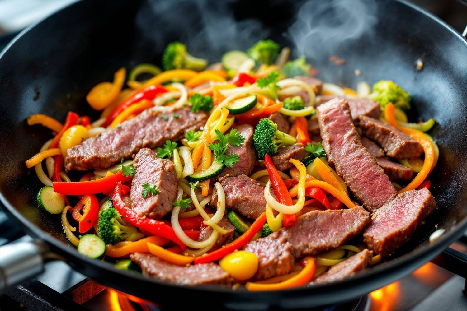 Contra filé em tiras com legumes frescos Uma refeição rápida e saborosa Contra filé em tiras com legumes frescos: Uma refeição rápida e saborosa!