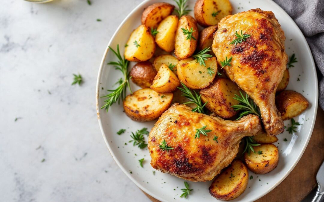Coxa e sobrecoxa de frango assado crocante com batatas rústicas: Receita fácil para forno e air fryer!