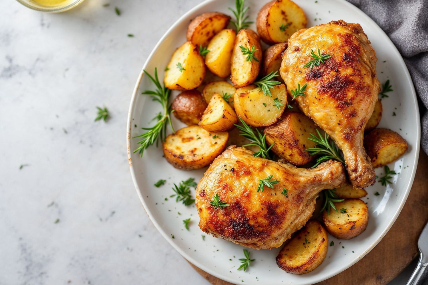 Coxa e sobrecoxa de frango assado crocante com batatas rústicas Receita fácil para forno e air fryer!