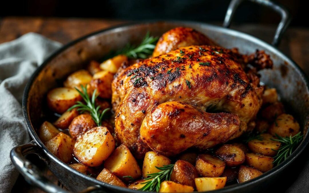 Frango Assado com Batatas ao Alho e Alecrim: O Clássico de Domingo Que Perfuma a Casa!