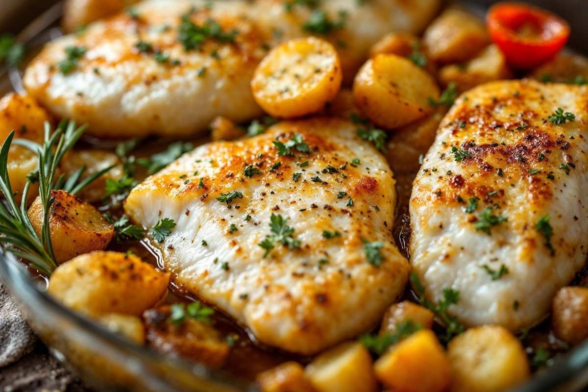 Peixe suculento no forno com batatas douradas no azeite e ervas