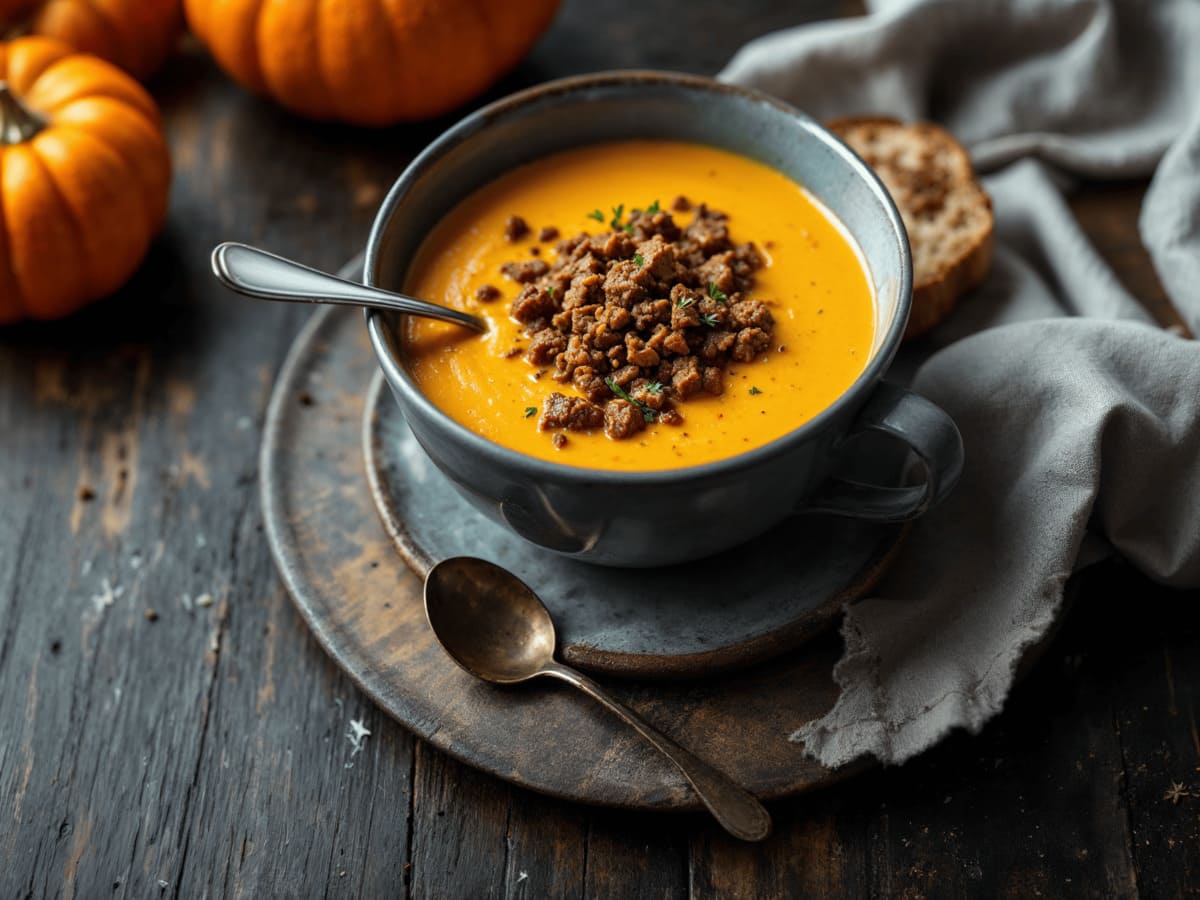 Creme de abóbora com carne moida