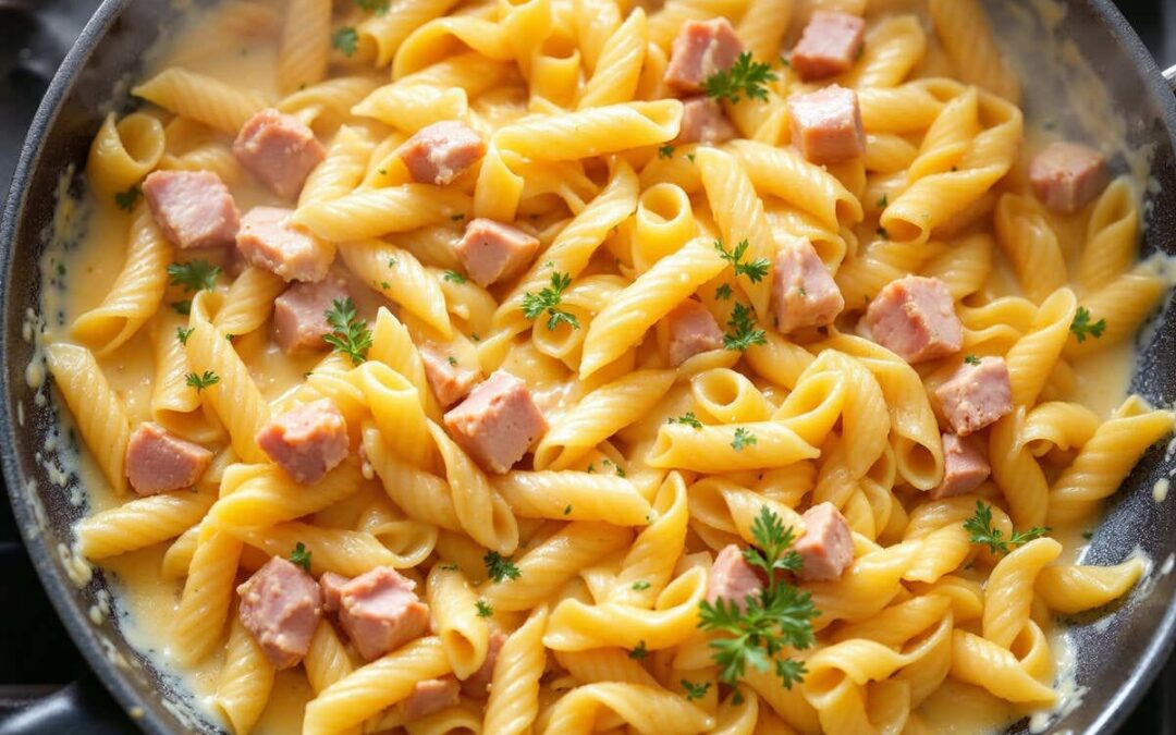 Macarrão cremoso com presunto e queijo: O jantar fácil que fica pronto em 20 minutos!